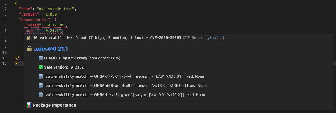 XYZ hover card showing risk score, severity, CVEs and exploit status for a flagged dependency in VSCode
